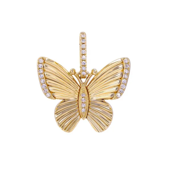 14k Yellow Gold Hand Made Lines / Fluted Butterfly Diamond Necklace Charm Gray's Jewelers Bespoke Saint James, NY