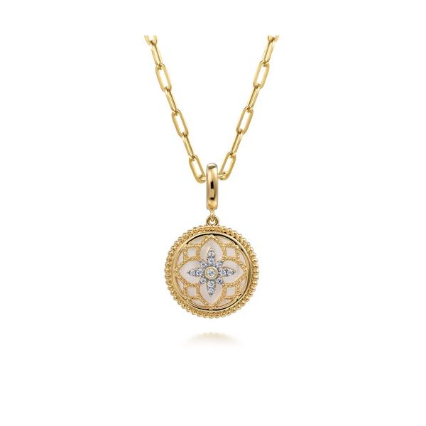14K Yellow Gold Bujukan Diamond and Mother of Pearl Medallion Pendant Charm With Detachable Bail Image 2 Gray's Jewelers Bespoke Saint James, NY