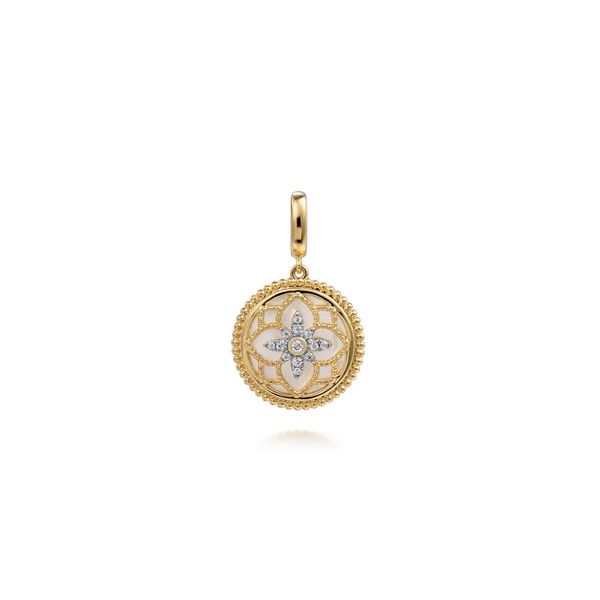14K Yellow Gold Bujukan Diamond and Mother of Pearl Medallion Pendant Charm With Detachable Bail Gray's Jewelers Bespoke Saint James, NY
