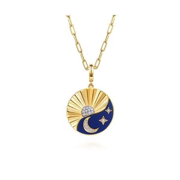 14K White and Yellow Gold Diamond and Diamond Cut Medallion With Detachable Bail with Chrome Blue Enamel Image 3 Gray's Jewelers Bespoke Saint James, NY