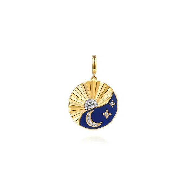 14K White and Yellow Gold Diamond and Diamond Cut Medallion With Detachable Bail with Chrome Blue Enamel Gray's Jewelers Bespoke Saint James, NY