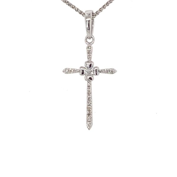 14k White Gold Diamond Cross 0.09 Total Carat Diamond Weight Gray's Jewelers Bespoke Saint James, NY