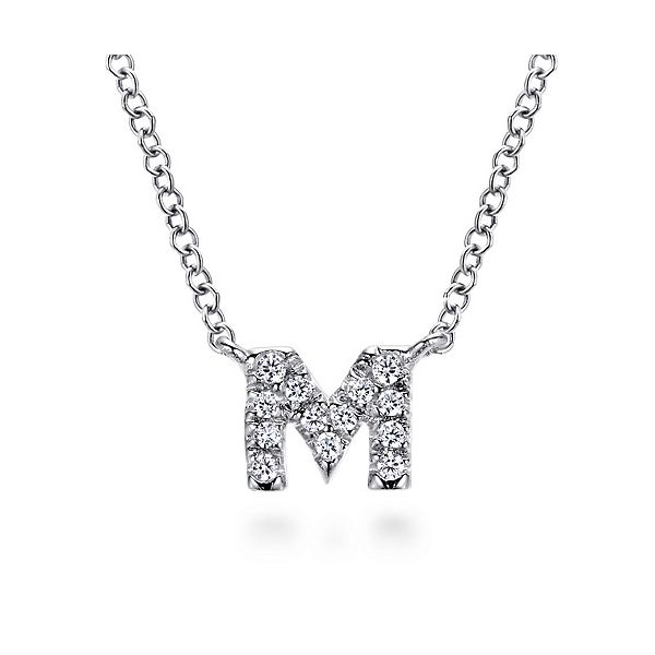 14K White Gold Diamond M Initial Pendant Necklace Gray's Jewelers Bespoke Saint James, NY