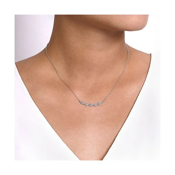 14K White Gold Round Diamond Cluster Station Curved Bar Necklace Image 3 Gray's Jewelers Bespoke Saint James, NY