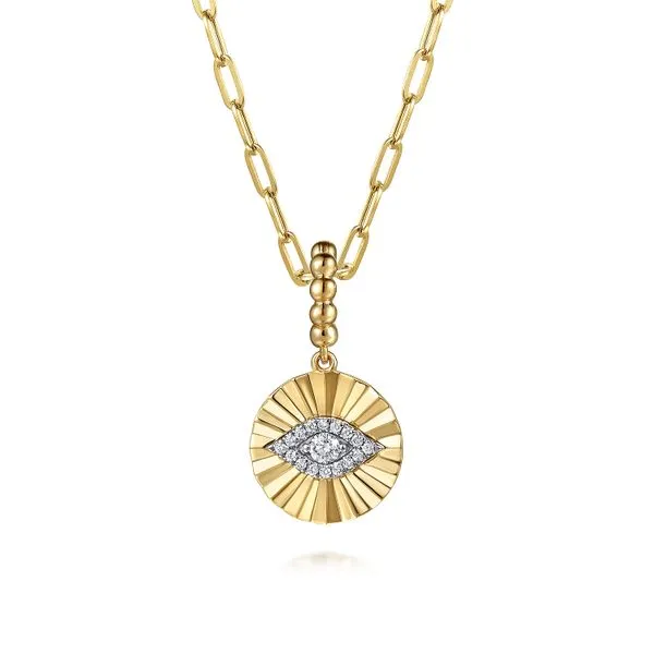 14K White and Yellow Gold Bujukan Diamond Cut Evil Eye Medallion Pendant Image 3 Gray's Jewelers Bespoke Saint James, NY