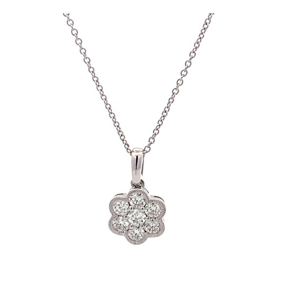 14K White Gold Diamond Flower Pendant Necklace Gray's Jewelers Bespoke Saint James, NY