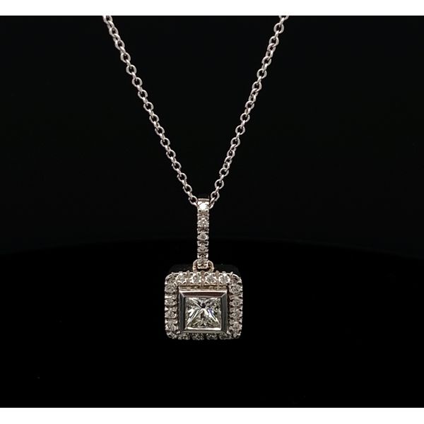 18K White Gold Bezel Set Princess Cut Diamond and Diamond Halo Pendant Gray's Jewelers Bespoke Saint James, NY