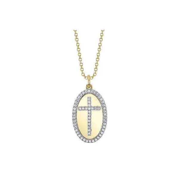 14K Yellow Gold Diamond Cross Oval Necklace Gray's Jewelers Bespoke Saint James, NY