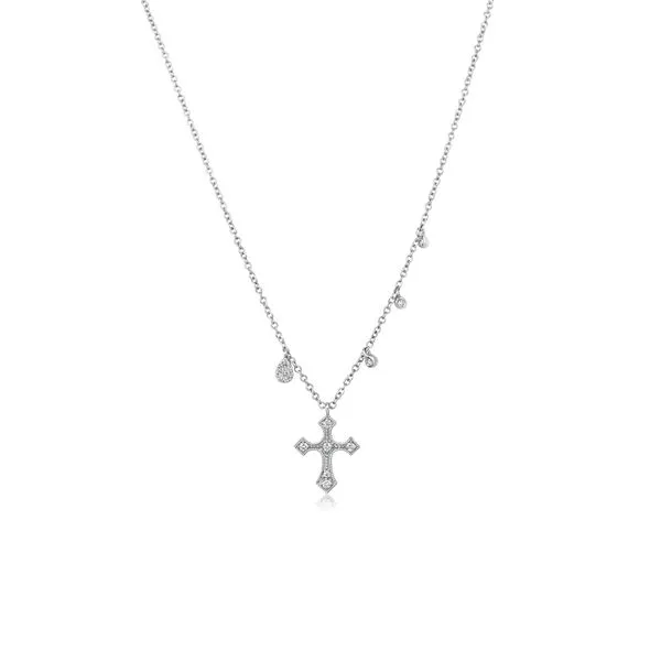 14K White Gold Diamond Cross with Diamond Dangle Necklace Gray's Jewelers Bespoke Saint James, NY
