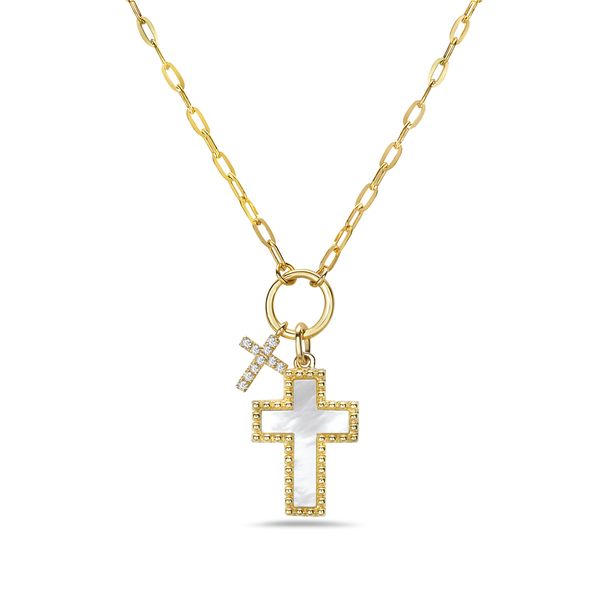 14K Yellow Gold Mother of Pearl Cross with Diamond Dangle Cross Necklace Gray's Jewelers Bespoke Saint James, NY