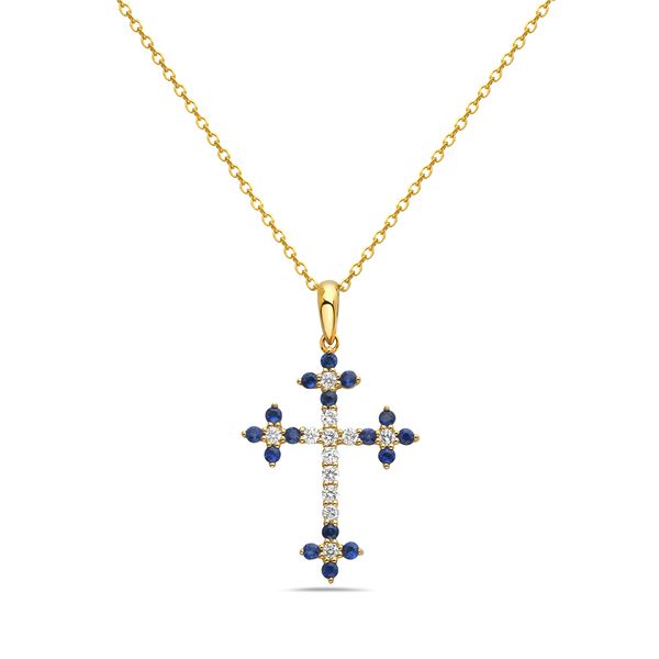 14K Yellow Gold Diamond and Sapphire Cross Necklace Gray's Jewelers Bespoke Saint James, NY