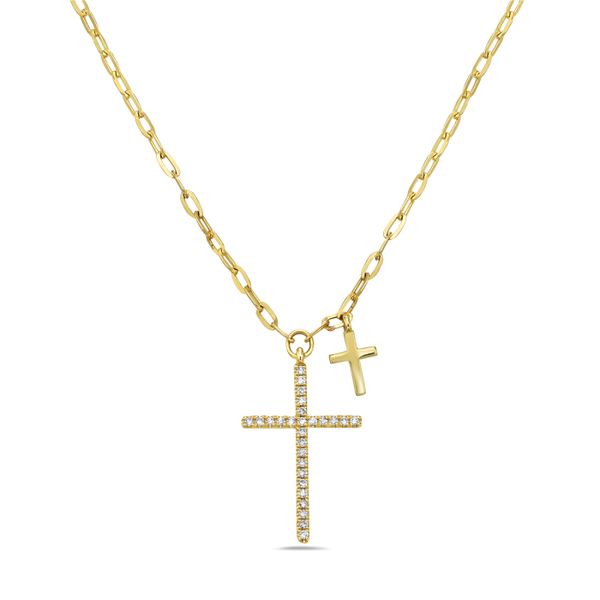 14K Yellow Gold Diamond Cross and Yellow Gold Dangle Cross Necklace Gray's Jewelers Bespoke Saint James, NY
