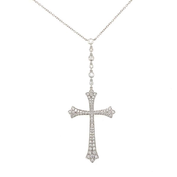 18K White Gold Diamond Cross Necklace Gray's Jewelers Bespoke Saint James, NY