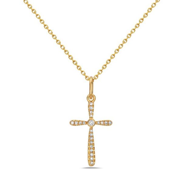 14K Yellow Gold Diamond Cross Necklace Gray's Jewelers Bespoke Saint James, NY