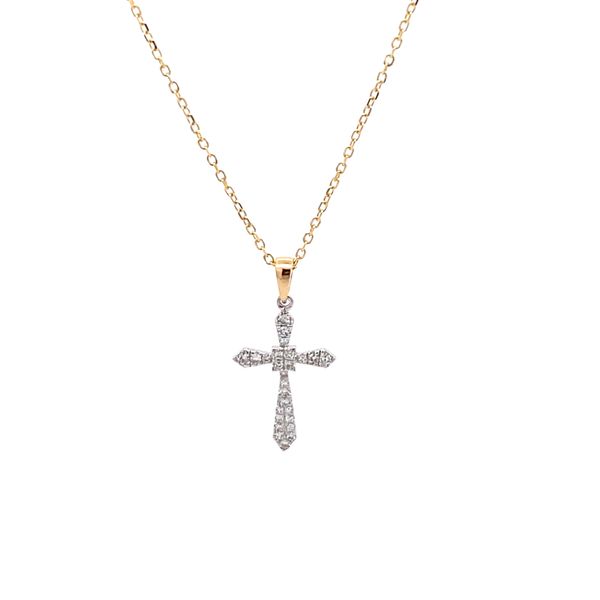 14K Yellow and White Gold Diamond Cross Necklace Gray's Jewelers Bespoke Saint James, NY