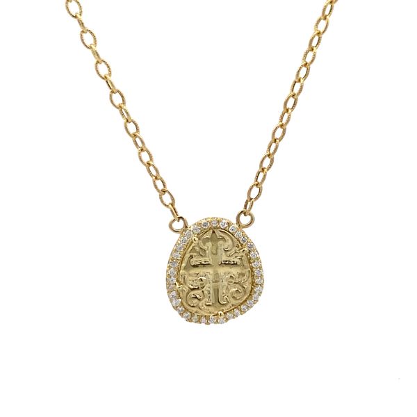 14K Green Gold Disc with Cross and Diamond Halo Necklace Gray's Jewelers Bespoke Saint James, NY