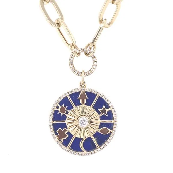 14K YELLOW GOLD DIAMOND & LAPIS CIRCLE WITH  CLOVER, HAMSA, MOON, STAR & SUN PAPER CLIP LINK NECKLACE Gray's Jewelers Bespoke Saint James, NY