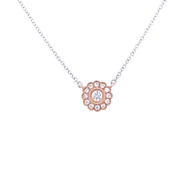 14K TWO TONE WHITE AND ROSE DIAMOND HALO PENDANT Gray's Jewelers Bespoke Saint James, NY