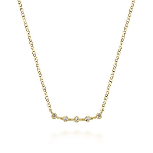 14K Yellow Gold Curved Bar Necklace with Diamond Stations Gray's Jewelers Bespoke Saint James, NY