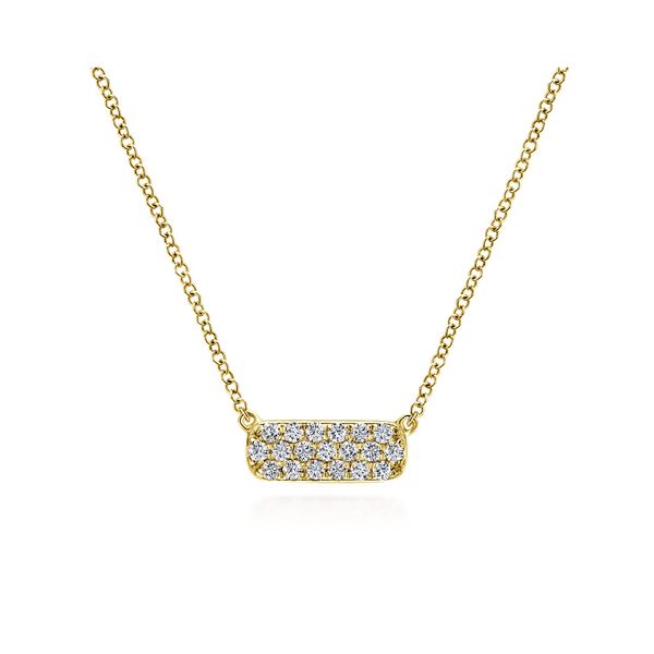 14K Yellow Gold Rectangular Diamond Pendant Necklace Gray's Jewelers Bespoke Saint James, NY