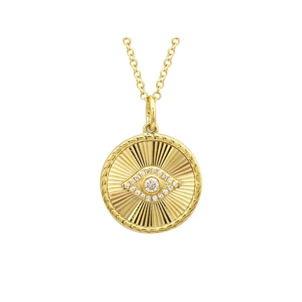 14k Yellow Gold Lines / Fluted Evil Eye Diamond Necklace Gray's Jewelers Bespoke Saint James, NY