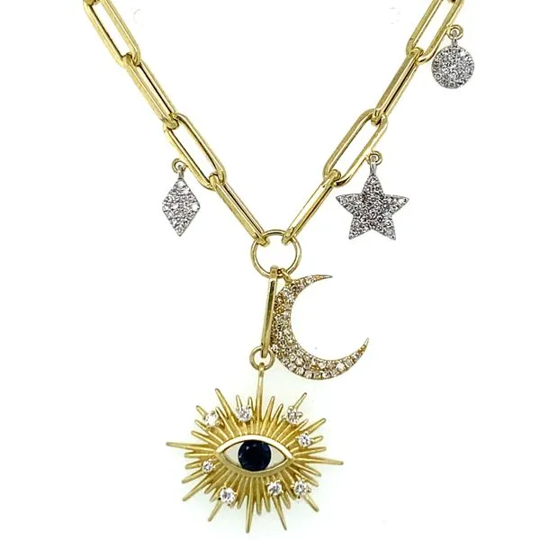 14K Two Tone Yellow and White Gold Paper Clip Necklace with Sapphire Evil Eye Charm with Diamond Celestial Charms Gray's Jewelers Bespoke Saint James, NY