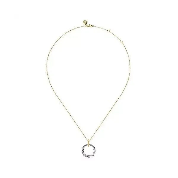 14K White and Yellow Gold Diamond Circle Bujukan Drop Necklace Image 2 Gray's Jewelers Bespoke Saint James, NY