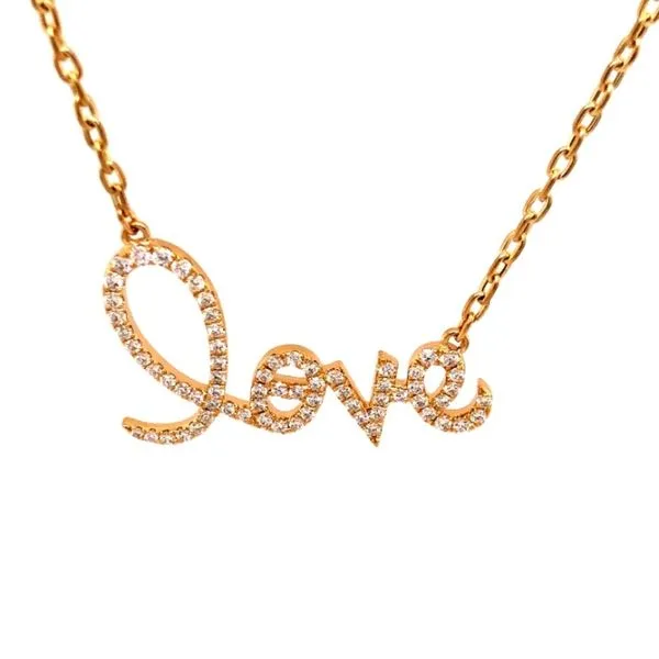 18K YELLOW GOLD DIAMOND SCRIPT LOVE NECKLACE Gray's Jewelers Bespoke Saint James, NY