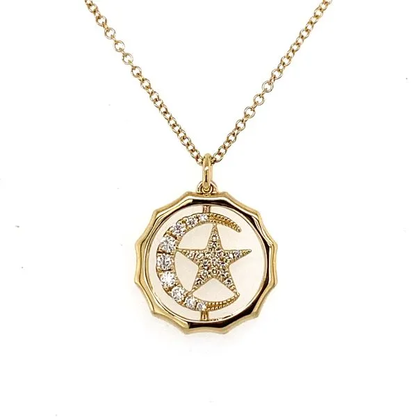 14K Yellow Gold Diamond Moon and Star Necklace Gray's Jewelers Bespoke Saint James, NY