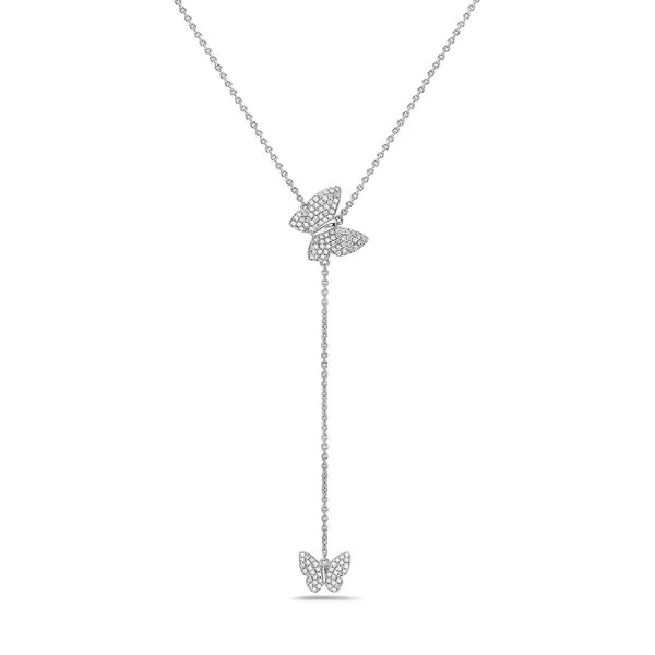 14K White Gold Diamond Pave Butterfly and Hanging Pave Butterfly Necklace Gray's Jewelers Bespoke Saint James, NY