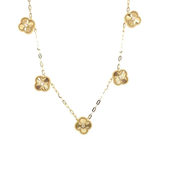 14K Yellow Gold Paper Clip Diamond Fluted Clover Station Necklace Gray's Jewelers Bespoke Saint James, NY