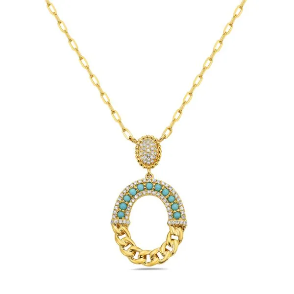 14K Yellow Gold Diamond and Turquoise Oval Necklace Gray's Jewelers Bespoke Saint James, NY