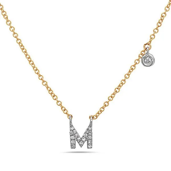 14K Yellow Gold Diamond Initial M Necklace with Diamond Dangle Gray's Jewelers Bespoke Saint James, NY
