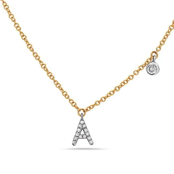 14K Yellow and White Gold Diamond Initial A Necklace with Diamond Dangle Gray's Jewelers Bespoke Saint James, NY