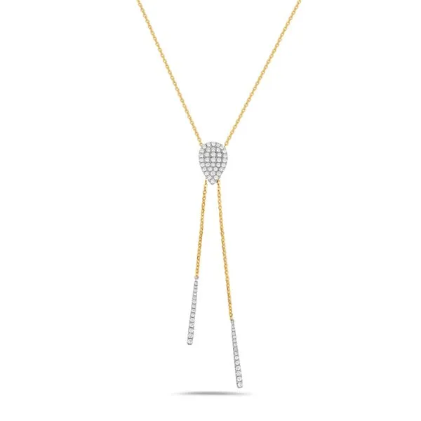 14K Yellow and White Gold Pear Shape Pave Diamond and Diamond Bar Dangle Necklace Gray's Jewelers Bespoke Saint James, NY