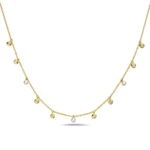 14K Yellow Gold Diamond Bezel and Pearl Dangle Necklace Gray's Jewelers Bespoke Saint James, NY