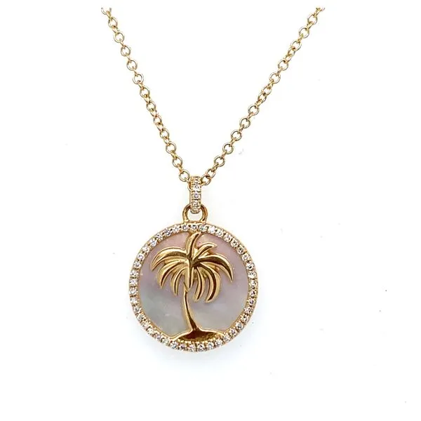 14K Yellow Gold Diamond and Mother of Pearl Palm Tree Necklace Gray's Jewelers Bespoke Saint James, NY