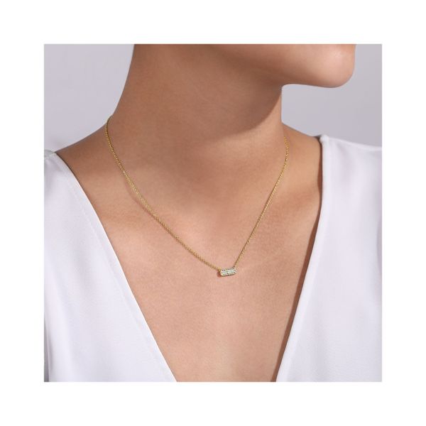 14K Yellow Gold Rectangular Diamond Pendant Necklace Image 3 Gray's Jewelers Bespoke Saint James, NY