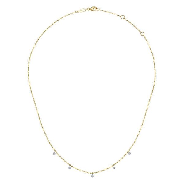 14K Yellow-White Gold Chain Necklace with Bezel Set Diamond Drops Image 2 Gray's Jewelers Bespoke Saint James, NY