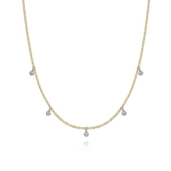 14K Yellow-White Gold Chain Necklace with Bezel Set Diamond Drops Gray's Jewelers Bespoke Saint James, NY