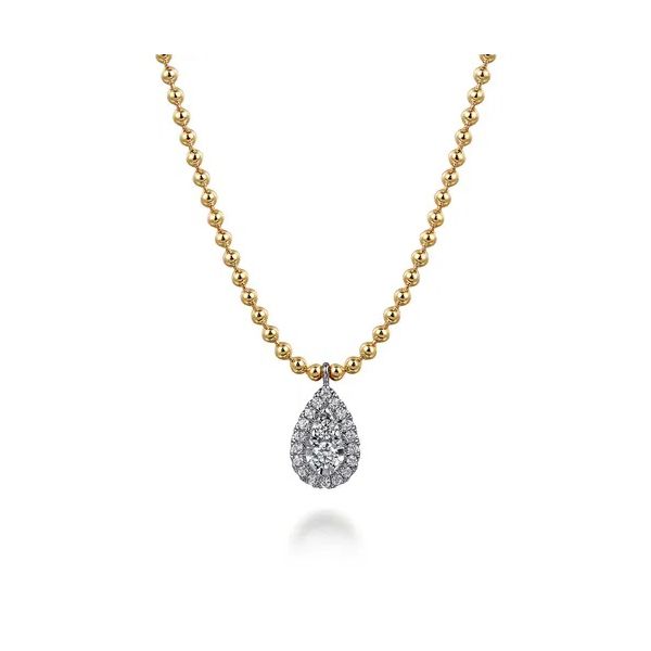 14K White and Yellow Gold Teardrop Diamond Bujukan Pendant Necklace Gray's Jewelers Bespoke Saint James, NY