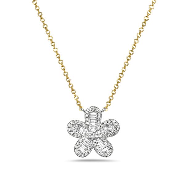 14K Yellow and White Gold Diamond Flower Necklace Gray's Jewelers Bespoke Saint James, NY