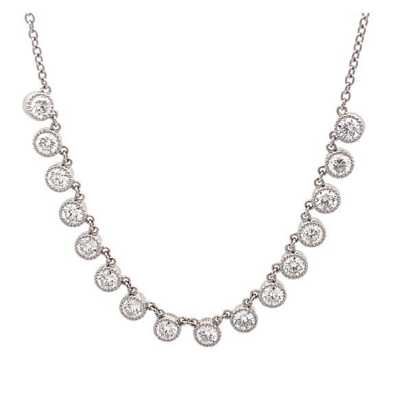 14K White Gold Milgrain Bezel Set Diamond Dangle Necklace Gray's Jewelers Bespoke Saint James, NY