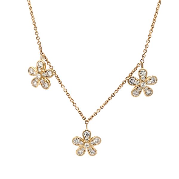 14K Yellow Gold Diamond Flower Dangle Necklace Gray's Jewelers Bespoke Saint James, NY