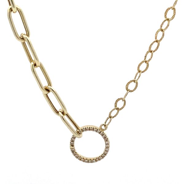 14K Yellow Gold Diamond Circle Necklace with Paperclip and Textured Cable Chain Gray's Jewelers Bespoke Saint James, NY