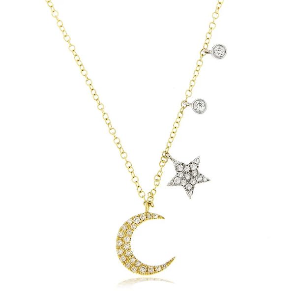 14K Yellow and White Gold Diamond Moon with Diamond Dangles and Star Gray's Jewelers Bespoke Saint James, NY