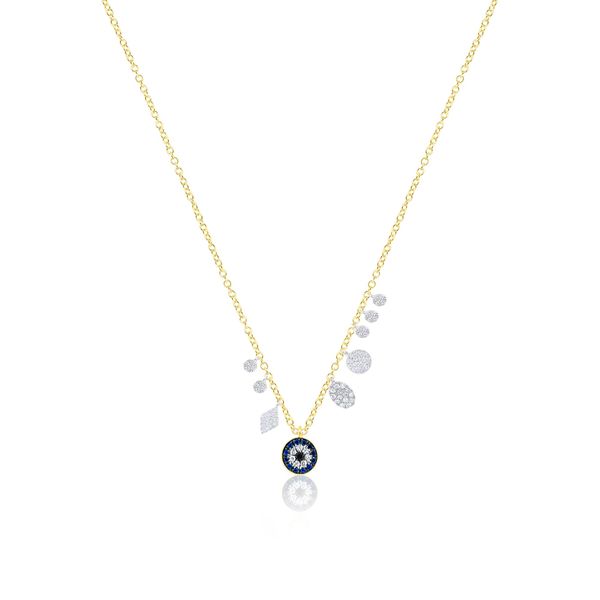 14K Yellow and White Gold Evil Eye Charm Necklace with Blue Sapphires and Diamonds Gray's Jewelers Bespoke Saint James, NY