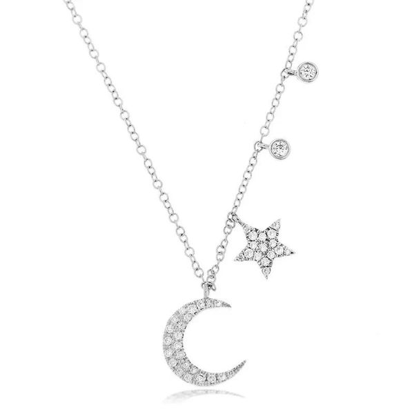 14K White Gold Diamond Moon, Star and Bezel Necklace Gray's Jewelers Bespoke Saint James, NY