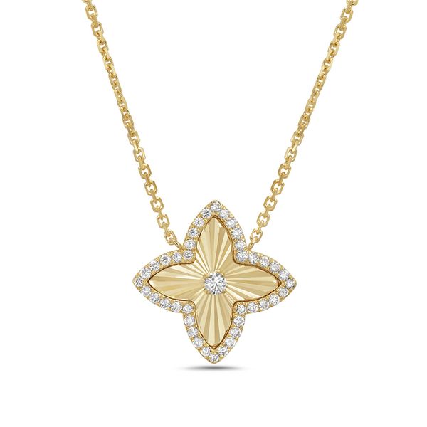 14K Yellow Gold Diamond and Fluted Flower Necklace Gray's Jewelers Bespoke Saint James, NY