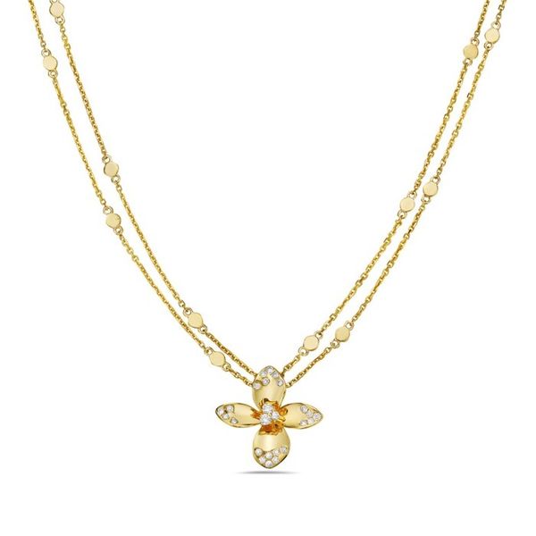 14K Yellow Gold Diamond Flower with Double Chain Necklace Gray's Jewelers Bespoke Saint James, NY